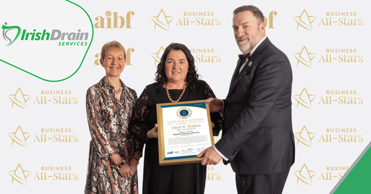 Mary B Teahan, Owner Irish Drain Services receiving her Business All-Star Munster Business Person of the Year 2024 Accreditation from Kieran Ring, Vice-Chair AIBF Adjudication Board and Dr. Briga Hynes, Chair AIBF Adjudication Board.